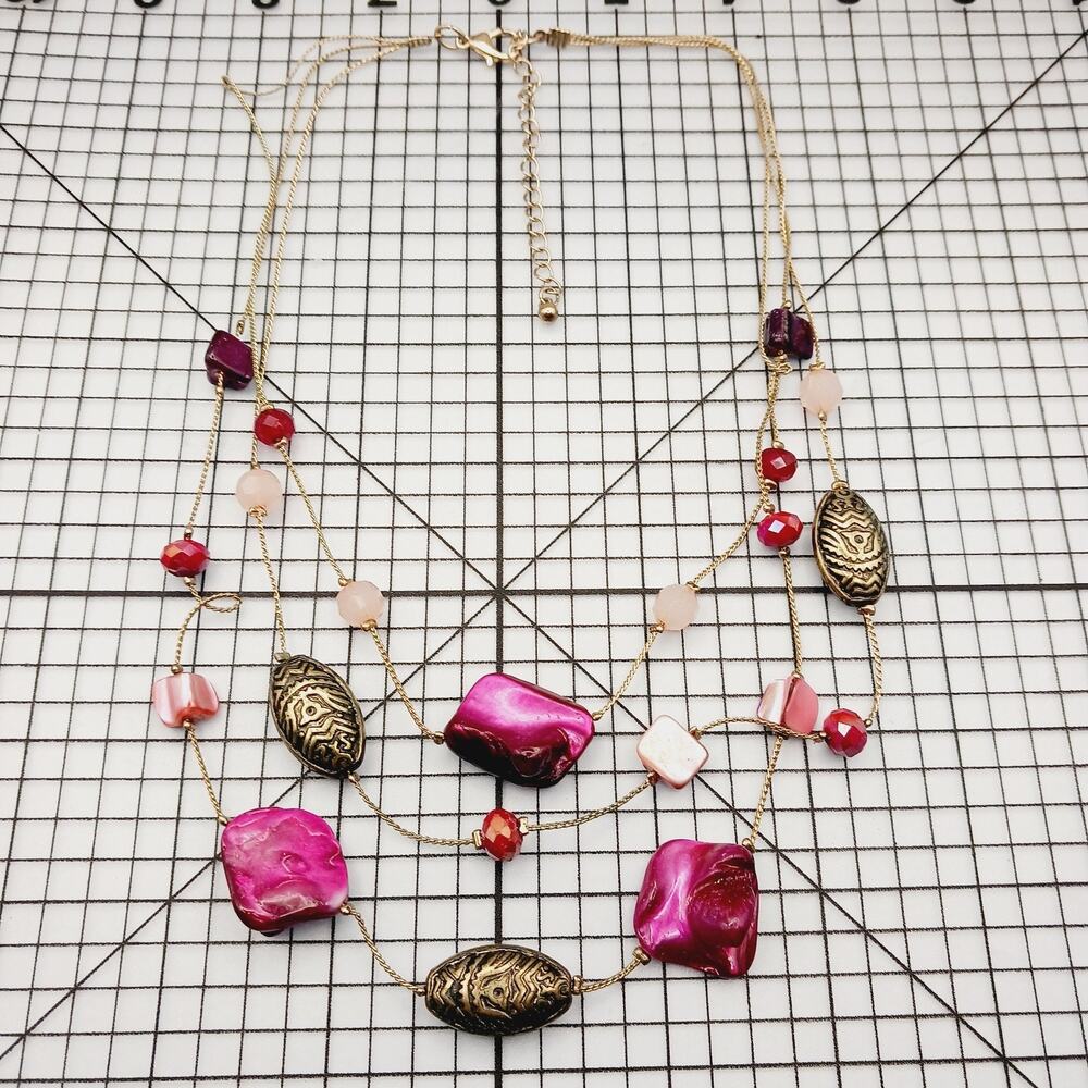 Necklace Multi Strand Pink Shell Bead Gold Tone Statement Resort Y2K Coquette
